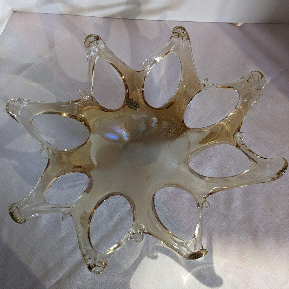 Handblown stretch art glass Bowl centerpiece Amber Iridescent dish decor Italy